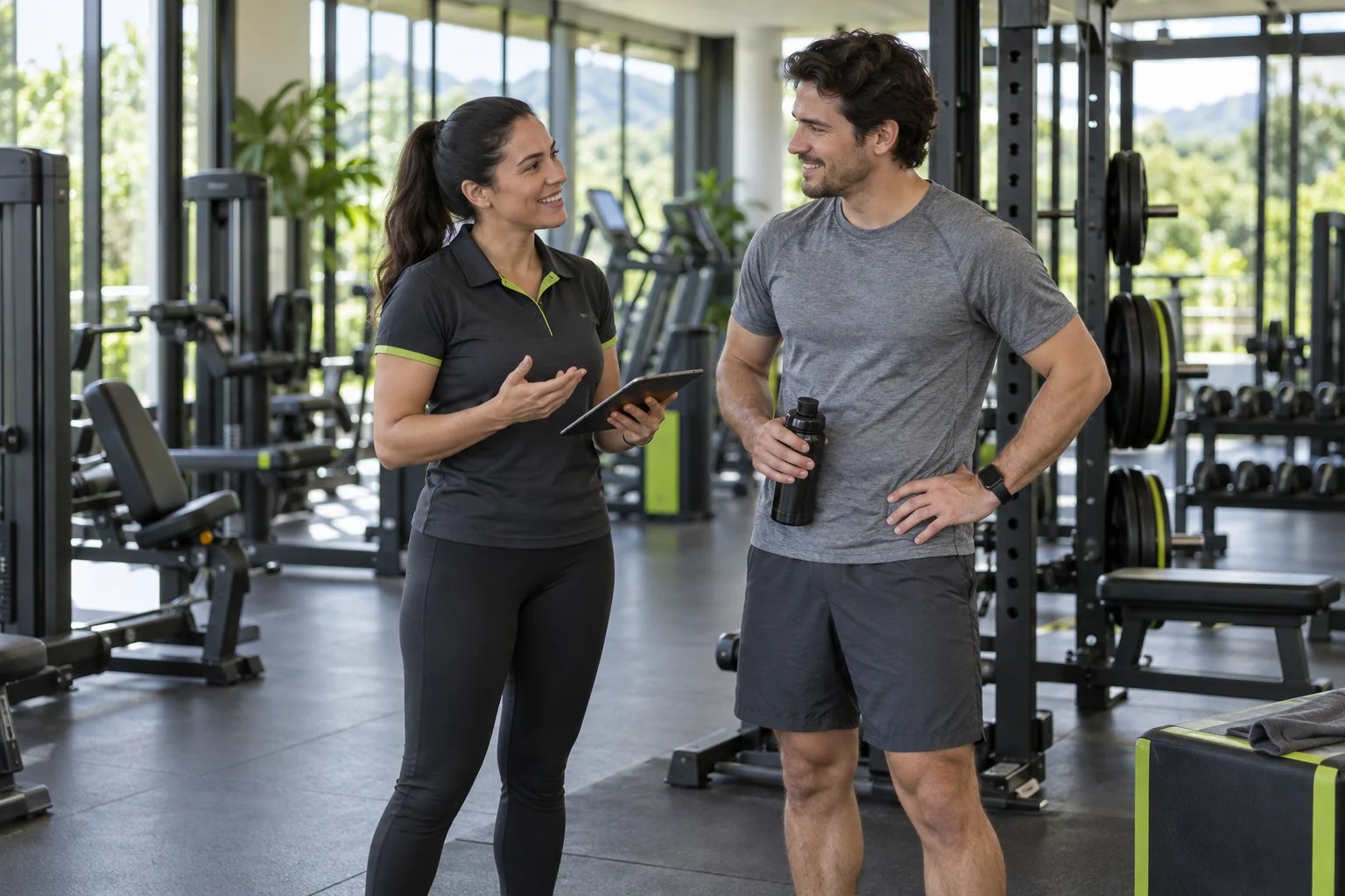 Entrenadora acompañando a un socio en un gimnasio